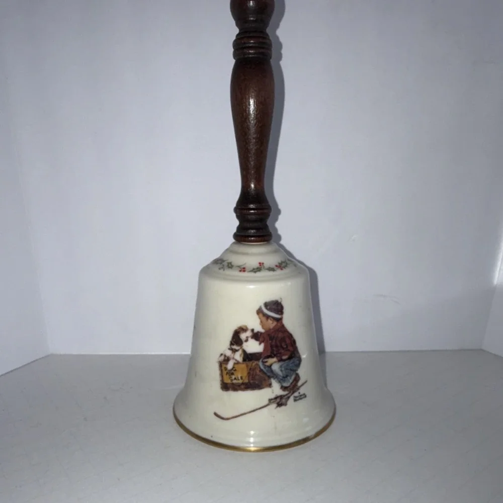 Gorham Porcelain Bell A Boy Meets His Dog Collectible Wooden Handle 1979